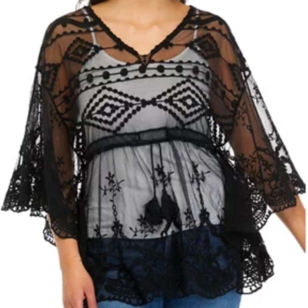 Lane Bryant Black Boho Embroidered Lace Tunic / Swim Cover-up, plus size 14/16